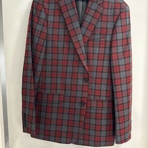 Bar III Red and Gray Sport Coat with Classic Plaid Design